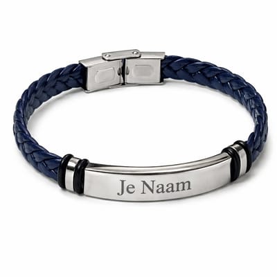 Armband met graveer, Armband met naam, Gepersonaliseerde gevlochten armband met naamgravure - blauw-zilver design, Armband met naamplaatje ,graveerarmband
