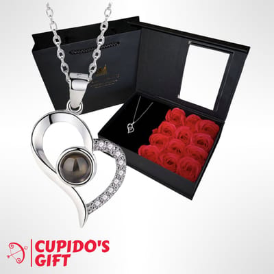 Valentijn Cadeaubox met I Love You Ketting in 100 Talen - Zilver - Moederdag - Moederdag cadeautje - Cadeautje voor vrouw - Valentijn Geschenkset - Rozen Giftbox met ketting - 12x rode zeeprozen met geur - Geschenkdoos - Valentijn cadeautje voor haar
