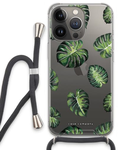 Case Company® - Hoesje met koord geschikt voor iPhone 13 Pro hoesje met Koord - Tropische bladeren - Telefoonhoesje met Zwart Koord - Bescherming aan alle Kanten en Over de Schermrand