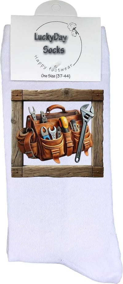 Gereedschap - Opkikkertje - Houtenlijst - Grappige sokken - Valentijn cadeau - Verjaardag cadeau - Kerst cadeau - Grappige sokken - Leuke sokken - Klussen - Vrolijke sokken - Kerst sokken - Vaderdag - Moederdag - Socks maken Happy - 37-44