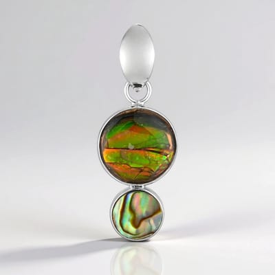 Cavill - Zilveren Hanger - 6 Karaat Ammoliet & Abalone Schelp Ronde Cabochons - 925 Sterling Zilver Gerhodineerd - Modern Design Kleurrijk Natuursteen