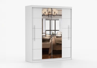 ​Kledingkast NICO III 203 cm - 2-deurs schuifdeurkast met spiegel en decoratieve lijsten - Garderobekast met ruime opbergruimte - Moderne kast voor slaapkamer en hal (Wit)