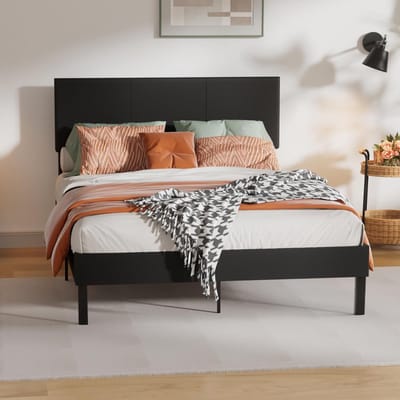 Gestoffeerd bedframe - Bed met hoofdbord - Slaapkamer inrichting - Stabiele houten lattenbodem - 140x200 cm - Zwart