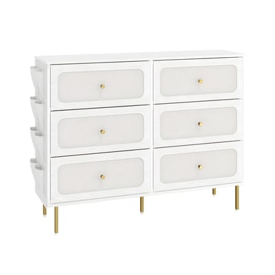Ladekast – Voor Woonkamer & Slaapkamer – Multifunctionele Kast met 6 Stoffen Lades en Metaalframe – Wit/Goud