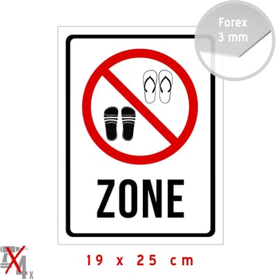 Pictogram/ bord | "Zone" - Teensletsen/ slippers verboden | 19 x 25 cm | Strand outfit | Strandkledij | Beach | Zwemmen | Restaurant | Bar | Kust | Recreatie | Brasserie | Sletsen | Schoenen | Sandalen | 1 stuk