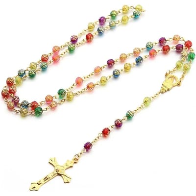 6MM Acryl Rozenkrans Kettingen Voor Vrouwen Mannen Rozen Kralen Lange Ketting Kruisbeeld Kruis Hanger Religieuze Bidden Sieraden beige
