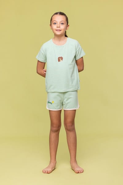 Woody pyjama meisjes/dames - lichtroze/groen gestreept - leeuw - 241-10-PZG-Z/912 - maat 104
