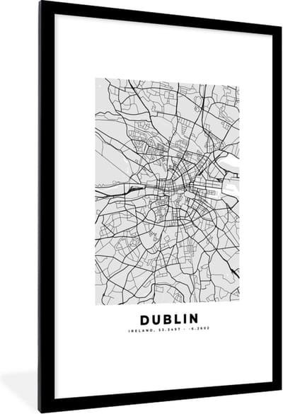 Fotolijst incl. Poster Zwart Wit- Dublin - Stadskaart - Zwart Wit - Plattegrond - Kaart - 80x120 cm - Posterlijst