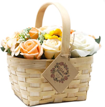 Zeep Bloemen Boeket in Rieten Mand - Oranje - Large - 19x12x16cm