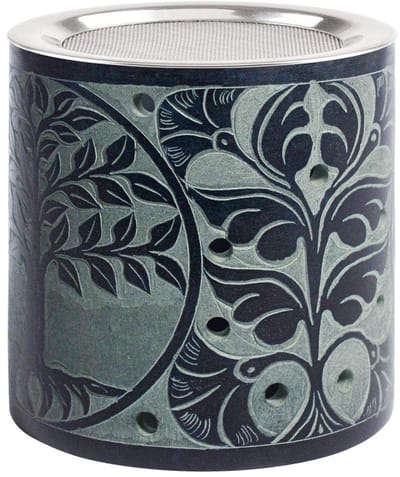 Wierookbrander windlicht Ketan Softstone blauw-grijs 10 cm hoog 10 cm doorsnede met roestvrijstalen zeef wierookbrander met zeef