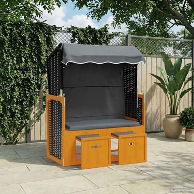 vidaXL - Strandstoel - met - luifel - poly - rattan - en - hout - zwart - en - antraciet