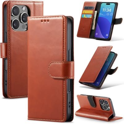 Casemania Echt Leren Hoesje Geschikt voor Apple iPhone 16 Pro - Bruin - Leer Wallet Bookcase - Portemonnee Telefoonhoesje met Pasjeshouder