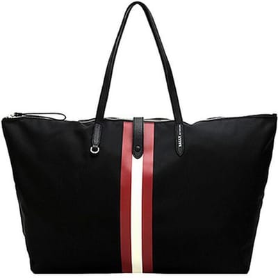 Bally Grote Capaciteit Klassieke Rood-Wit Gestreepte Nylon en Leer Reistote Bag Unisex Tote Bag Zwart 6222887 Basic Set (Bag+Dust Bag) black