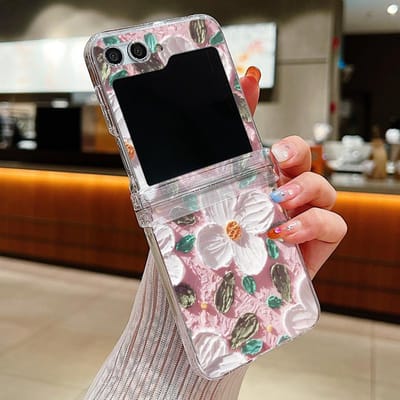 Olieverf Bloem Telefoonhoesje Voor Samsung Galaxy Z Flip6 Flip5 Flip4 Flip3 5G Hard PC Transparante Opvouwbare Cover Voor Samsung Z Flip 6 For Galaxy Z Flip5 gray