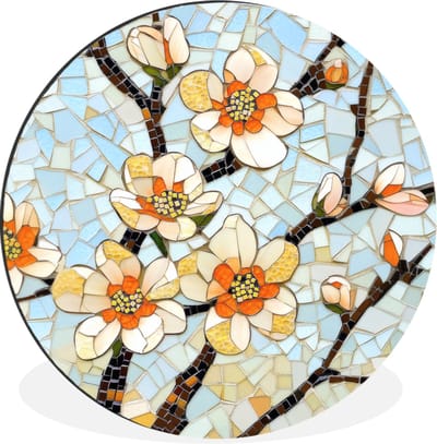 WallCircle - Wandcirkel - Muurcirkel - Bloesems - Wit - Mozaïek - Tak - Aluminium - Dibond - 30x30 cm - Binnen en Buiten