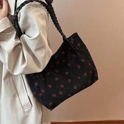 Sac Tote Fraise de Classe pour Étudiants Nouveaux Sac de Rangement Grande Capacité Tendance Monoshoulder Sac en Toile Doux black