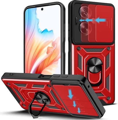 Casemania Hoesje Geschikt voor Oppo A79 - Rood - Anti-Shock Hybrid Armor Back Cover - Hoes met Kickstand Ring en Camera Bescherming