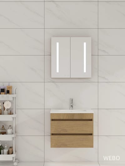 80cm Badmeubel WEBO Paris Compleet Geleverd Eiken inclusief spiegelkast met verlichting en kraan en afvoer