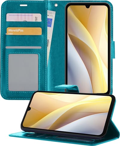 Hoesje - Met Pasjeshouder - Geschikt voor Samsung Galaxy A15 - Luxe Bookcase Portemonee - Flip Case - Kunstleer Book Case - Flipcase - Book Cover - Walletcase - Portemonneehoes - Telefoonhoesjes - Turquoise