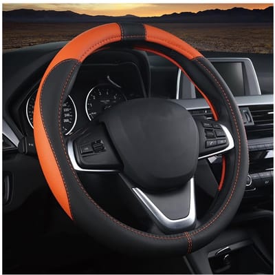 Dailygoods- Stuurhoes 38 cm - Leer - Antislip - Ademend - Universeel - Zwart/oranje - Effectieve bescherming - Stuurcover