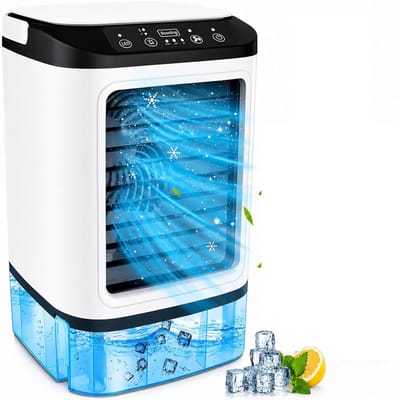 Vernevelingsventilator - 3 windsnelheden, 2 Sproeistand - Watertank van 900 ml - Draagbaar - Mini-airconditioner voor thuisgebruik - 16.5×16.5×24 cm - Koelfunctie - Stille werking - Geschikt voor slaapkamers, kantoren en kleine ruimtes - Wit