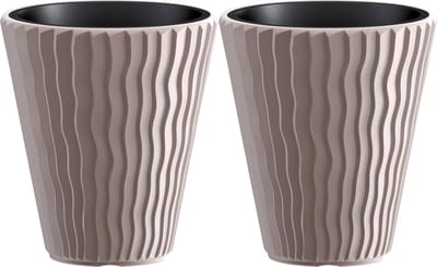 Prosperplast Plantenpot/bloempot Sand Waves - 2x - buiten/binnen - kunststof - beige - D35 x H38 cm - met binnenpot