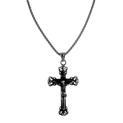 Jasseron-ketting + Kruishanger met Jezus en INRI, Ketting met Christelijke Kruis met Zwartgeblakerde Afwerking, RVS – Unisex