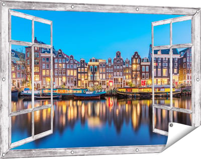 Gards Tuinposter Doorkijk Amsterdamse Huisjes in de Avond met Lichten - 120x80 cm - Tuindoek - Tuindecoratie - Wanddecoratie buiten - Tuinschilderij