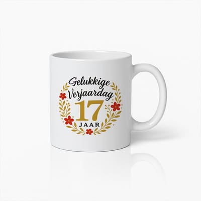 Gelukkige 17e Verjaardag Mok – 330ml Keramische Beker met Bloemen Verjaardagsontwerp – Ideaal Cadeau voor Viering