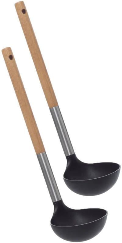 5Five Soep/Saus opscheplepel - 2x - zwart/lichtbruin - hout/kunststof - 32 cm - Keukengerei/soeplepel