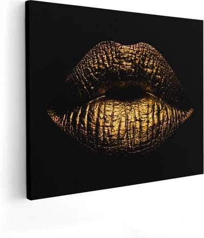 Artaza Canvas Schilderij Lippen Goud - 50x40 cm - Muurdecoratie Sensueel - Wanddecoratie Vrouw - Kamer Accessoires