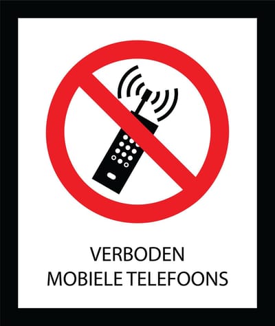 Bord ISO7010 Verboden mobiele telefoons 20 x 24 cm