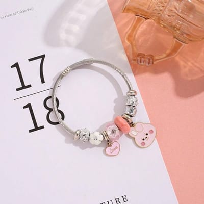 Duurzaam LINE FRIENDS BT21 Kpop Anime Stijl Roestvrij Staal Armband Koreaanse Stijl Cartoon DIY Jeugd Hartvormig Hanger Kristallen Armband beige
