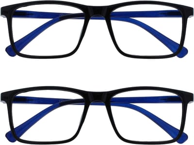 2 Stuks Leesbril +3.00 - Zwart Blauw Rechthoekig Montuur met Veer Scharnieren - Unisex