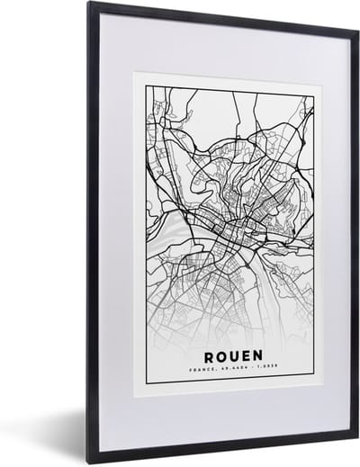 Fotolijst incl. Poster Zwart Wit- Frankrijk - Rouen - Kaart - Plattegrond - Stadskaart - Zwart wit - 40x60 cm - Posterlijst