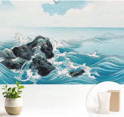 Wallfluent Behang - Zeegezicht Muurbehang - 104x70 cm - Blauw Behang - Voor liefhebbers van maritieme landschappen en kunst - Behang Voor de woonkamer, voor het kantoor, voor de slaapkamer - Behangrol Landschappen