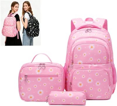 KZQ Kinderrugzak met bloemenprint voor meisjes en jongens basisschool en middelbare school met lunchtas meerdere vakken schooltas roze