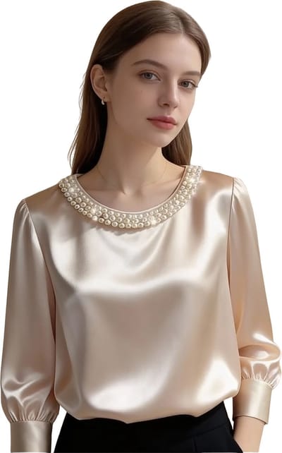 Satijnen Shirt met Parel Kraag - Trompet Mouw - Goud - Dames