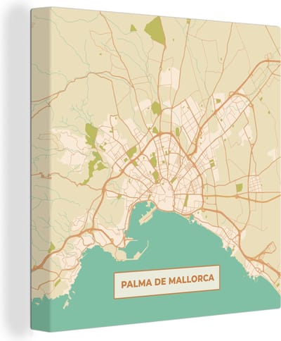 Canvas Schilderij Mallorca - Stadskaart - Vintage - Plattegrond - Kaart - 20x20 cm - Wanddecoratie