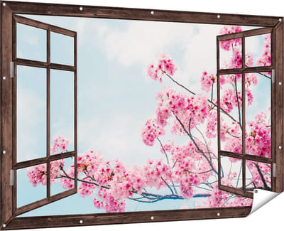 Gards Tuinposter Doorkijk Roze Bloesemboom - Bloemen - 180x120 cm - Tuindoek - Tuindecoratie - Wanddecoratie buiten - Tuinschilderij