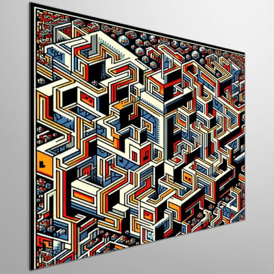 Pixel art escher schilderij | Escheriaanse pixelkunst: een visueel puzzelstukje voor de kunstliefhebber | Kunst - 60x60 centimeter op Dibond | Foto op Dibond