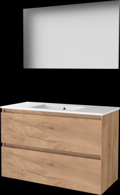 Basic-Line Basic 46 Badkamermeubelset - 100 x 46 cm - Greeploos - 2 Lades - Keramische Wastafel - 1 Kraangat - Spiegel - Whisky Oak