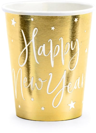 PARTYDECO - 6 Happy New Year kartonnen bekers metallic goud met sterren 220 ml