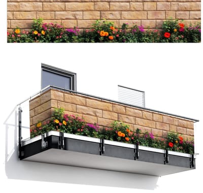 Balkonscherm 500x110 cm - Balkonposter Bloemen - Bakstenen - Kleurrijk - Balkon scherm decoratie - Balkonschermen - Balkondoek zonnescherm