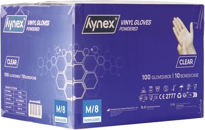 Hynex Vinyl handschoenen Gepoederd maat M omdoos 1000 stuks 4,5gram Transparant/ Wit 10x100/doos
