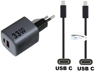 OneOne 33W super snellader USB A - USB C poorten en screenprotector van glas voor iPhone 15 + 0,5m USB C naar USB C kabel. Krachtige zwarte PD PPS lader. Compacte oplader adapter met GaN technologie. Screenprotector past op Apple iPhone 15, iPhone 16