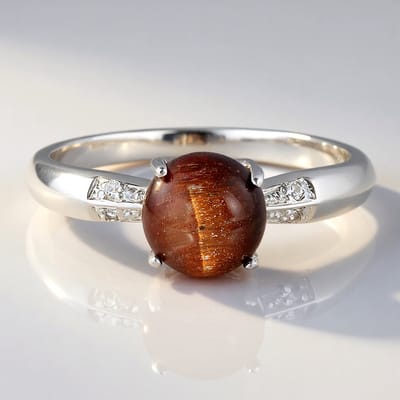 Cavill - Zilveren Ring met Rode Tijgeroog 1,19ct Cabochon en Briljante Witte Topaas 0,021ct - 925 Sterling Zilver - Elegante Sieraden voor Dames