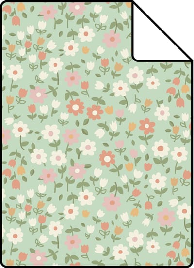 Proefstaal ESTAhome behang bloemetjes groen, terracotta roze en wit - 26.5 x 21 cm - 139470-S