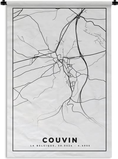 Wandkleed - Wanddoek - Plattegrond – Couvin – Zwart Wit – Stadskaart - Kaart - België - 120x180 cm - Wandtapijt