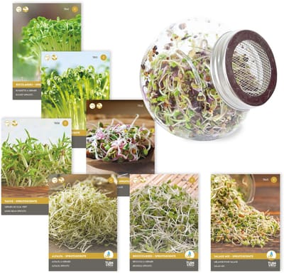 Tuin de Bruijn® zaden - Spruitgroente pakket - complete set met 7 soorten spruitgroente zaden inclusief kiempot - alfalfa, broccoli, tuinkers en meer